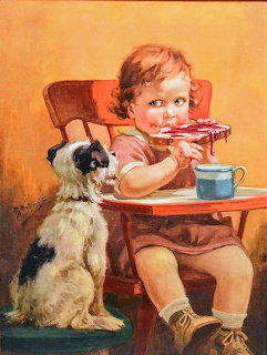 Vintage illustration of young girl in chair eating bread with jelly, small puppy sitting beside her looking up expectantly
