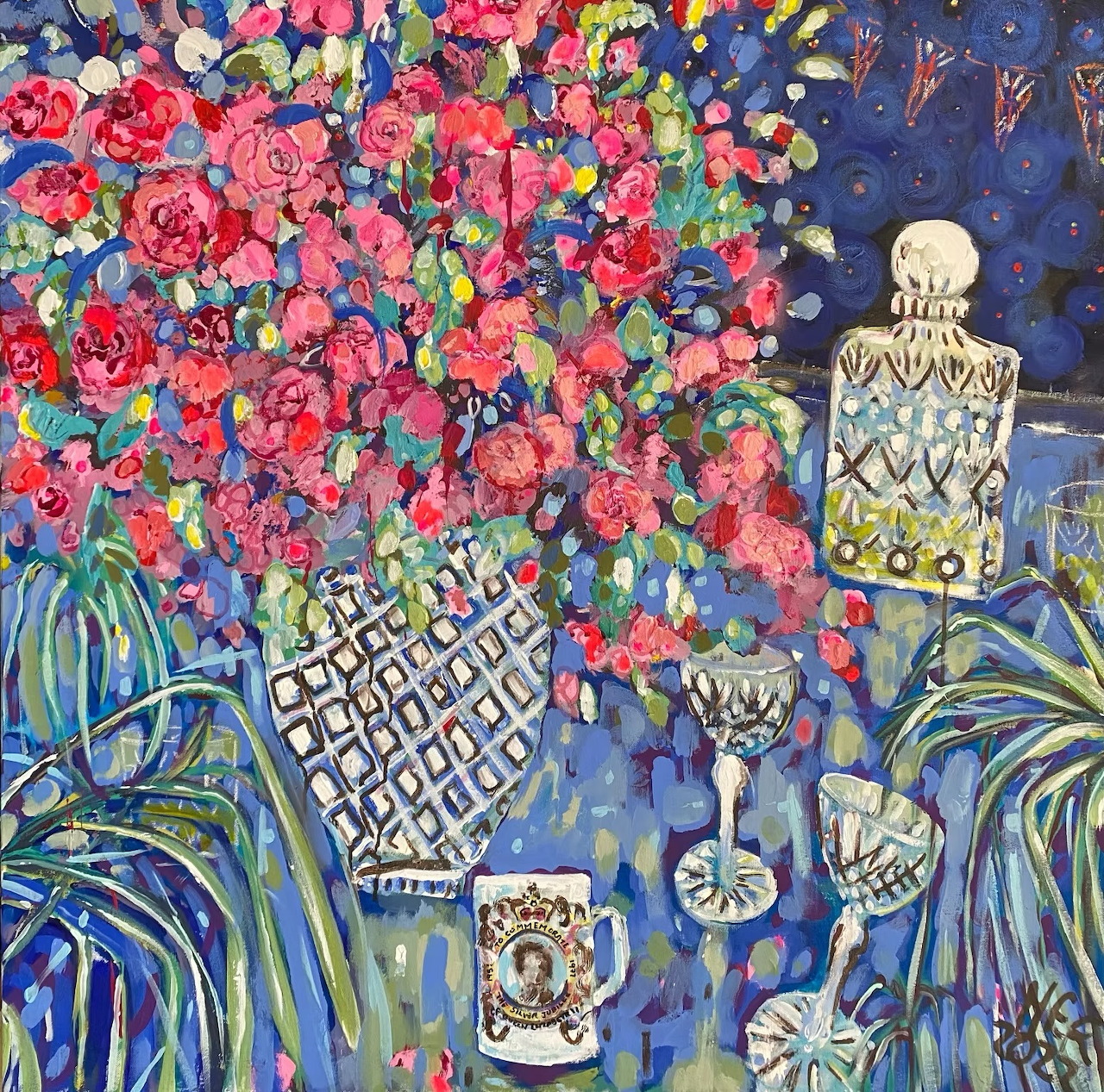 Colorful painting of pink flowers in patterned vase with crystal decanter and glasses on blue surface