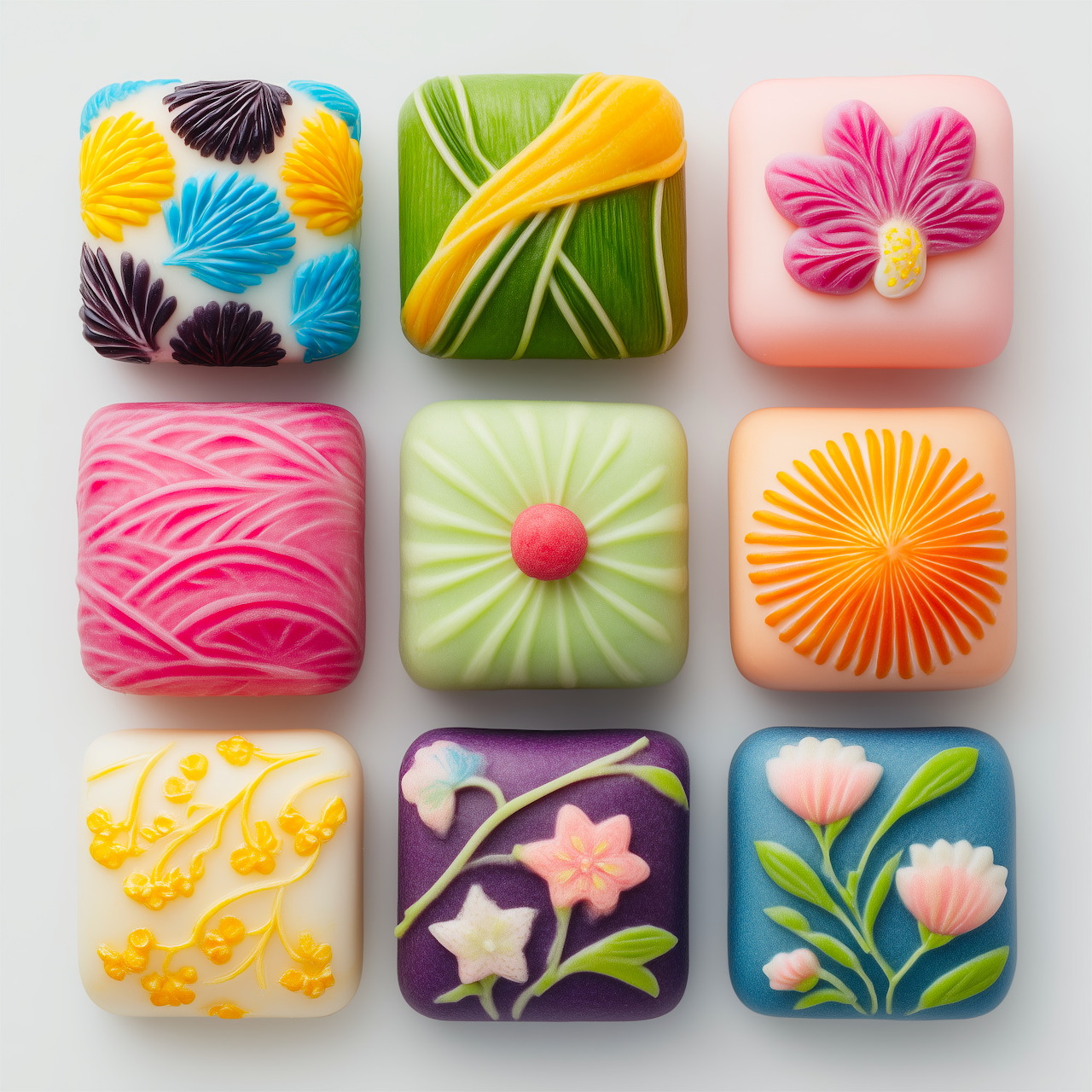 Grid of nine square decorative soaps with colorful floral and geometric relief patterns