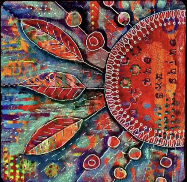 Colorful abstract art with decorative leaves, circles, and patterned semi-circle on textured multicolor background