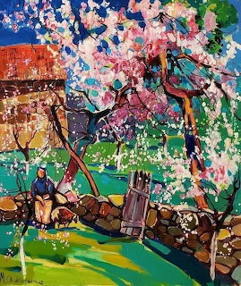 Impressionist painting of flowering tree over rural landscape with houses
