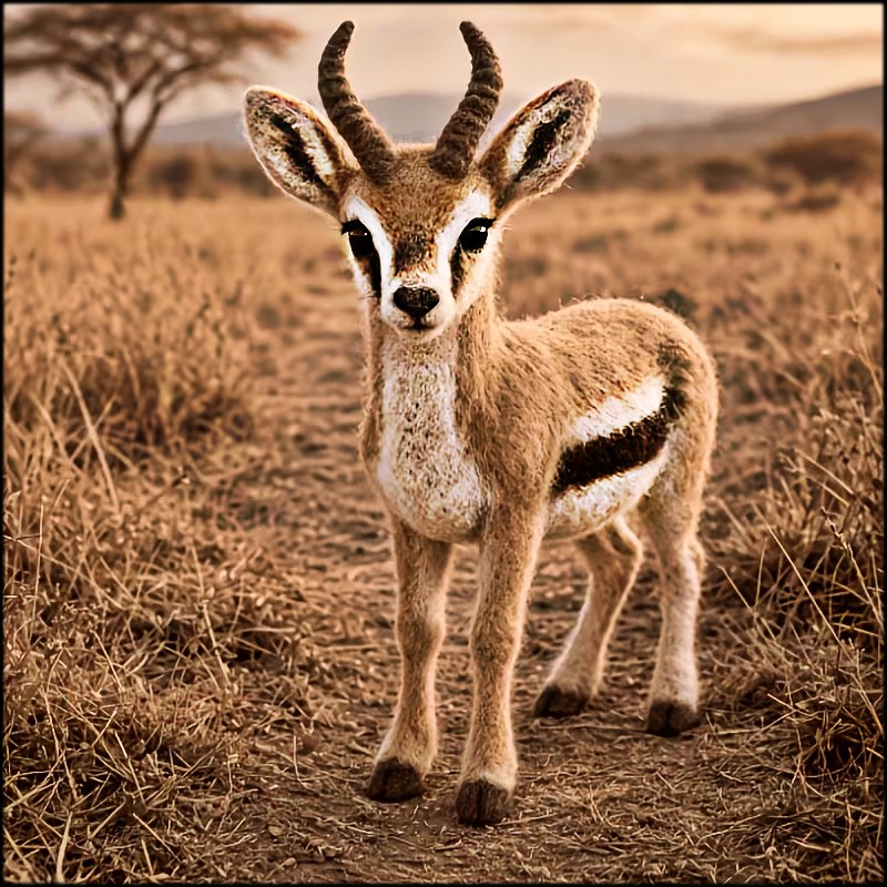 Needle-felted antelope figure standing on dry grass in a savanna-like scene