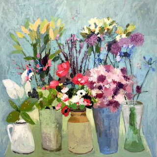 Painting of colorful flower bouquets in assorted vases against a blue background