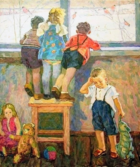 Painting of children by a window watching birds outside, with a stool in the room