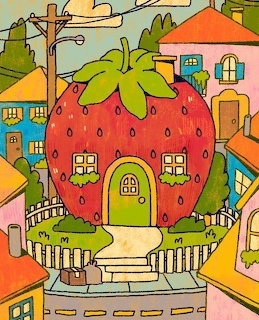 Whimsical illustration of a large strawberry-shaped house with windows and door in a colorful cartoon neighborhood