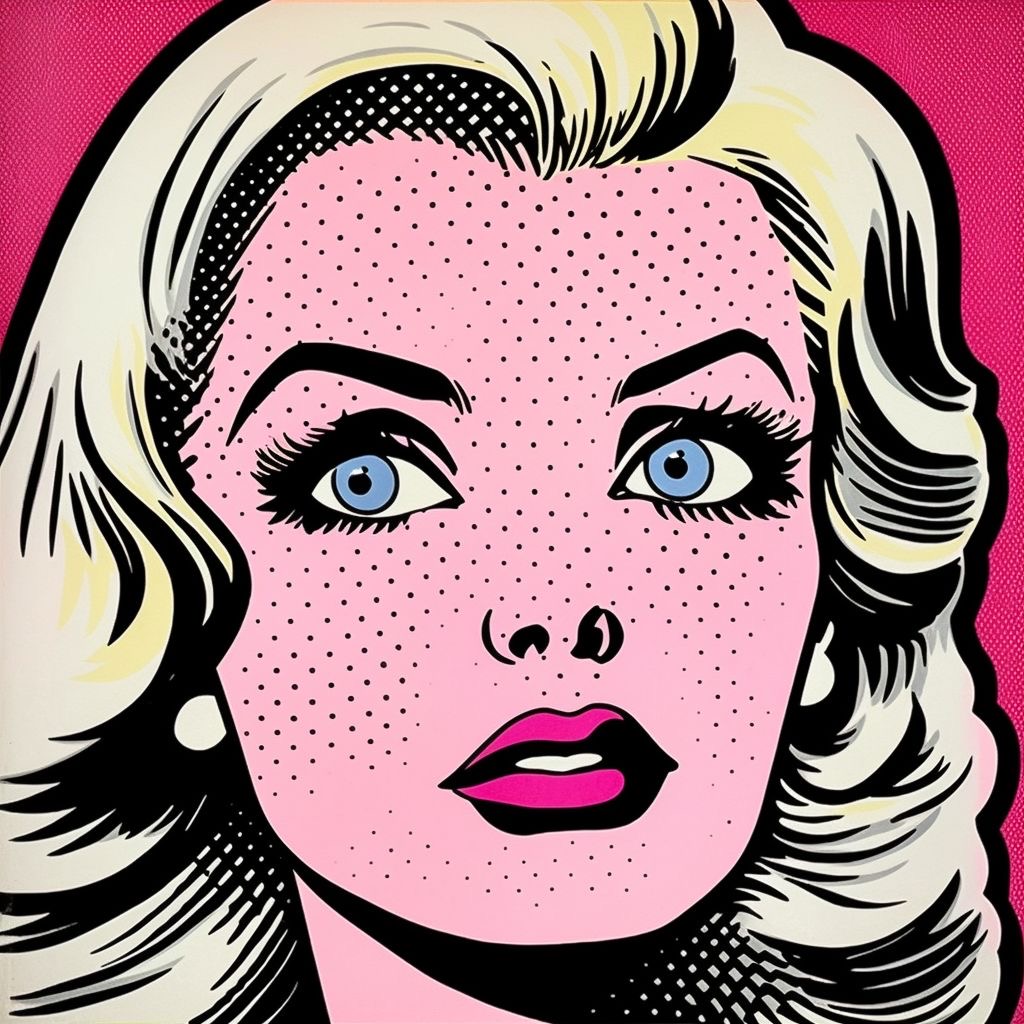 Pop art illustration of a blonde woman with blue eyes and pink skin