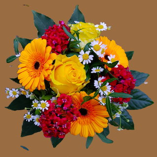 Colorful flower bouquet with yellow roses, orange gerberas, white daisies, red blooms, and green leaves