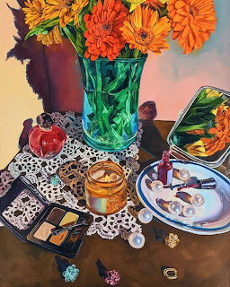 Still life painting of orange flowers in teal vase with decorative tabletop items