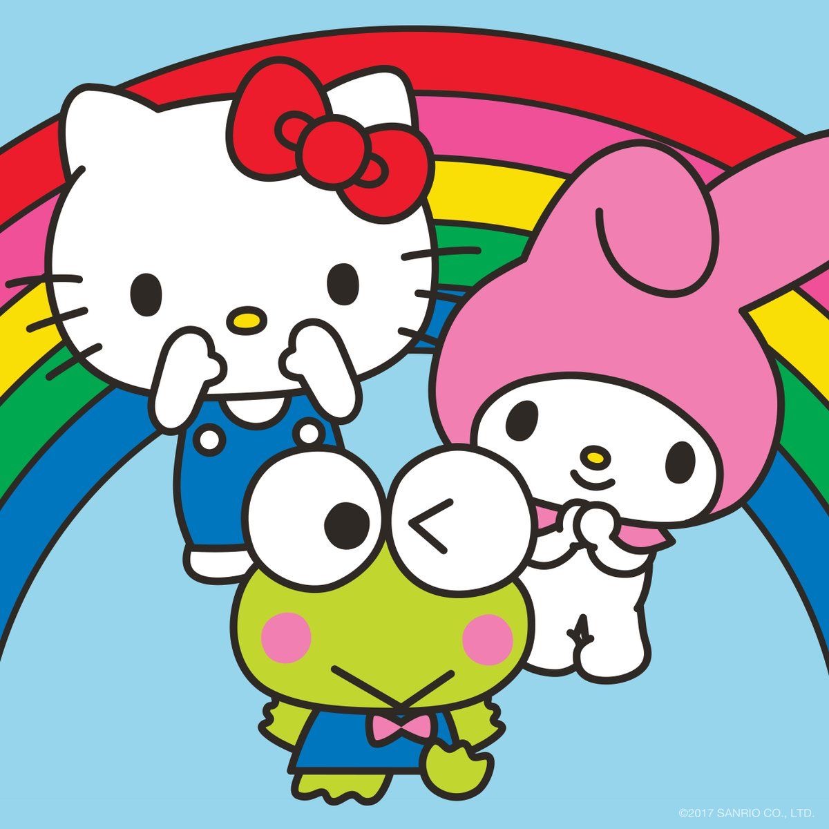 Hello Kitty, My Melody, and Keroppi characters with rainbow background