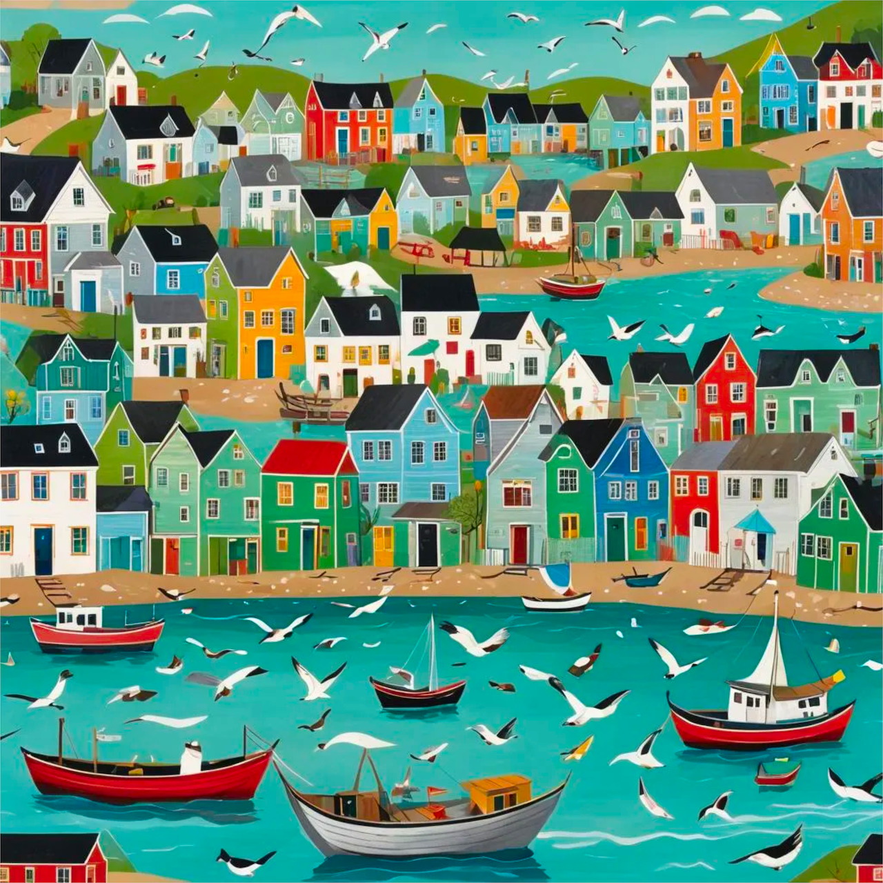 Folk art illustration of colorful houses and boats in a coastal village with seagulls