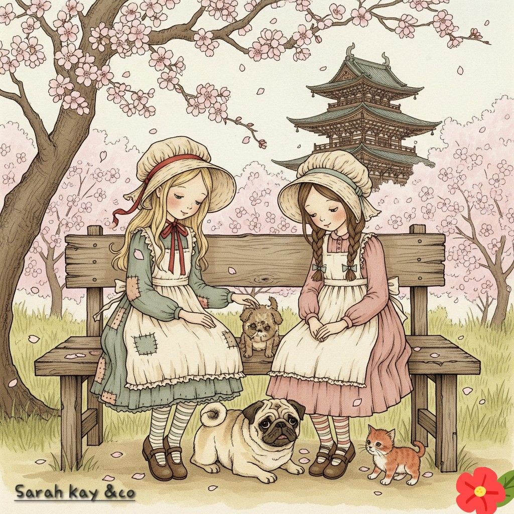 Illustrated two girls on a bench with a pug, kitten, and small dog under cherry blossoms near a pagoda