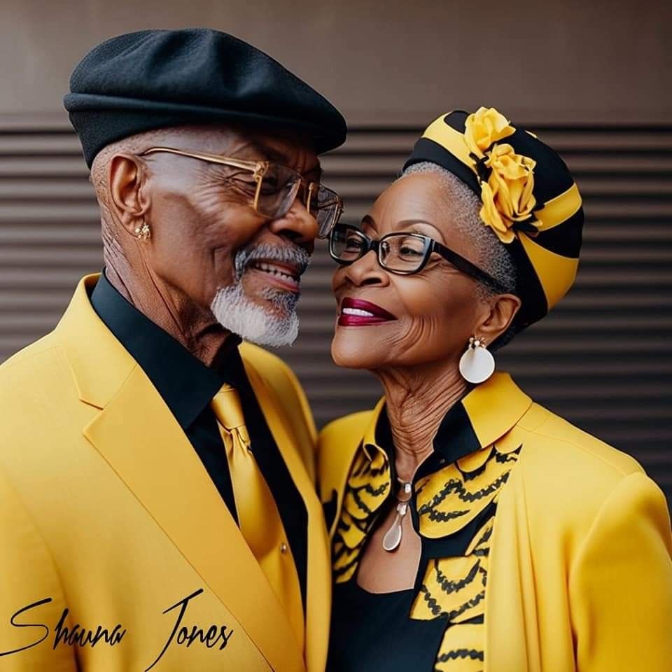Smiling elderly couple in matching yellow and black clothing, hats, and glasses