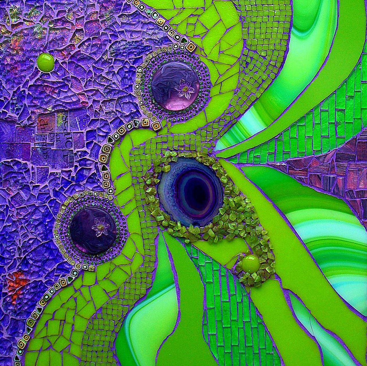 Abstract mosaic art with green swirling bands and circular motifs on purple tiled background