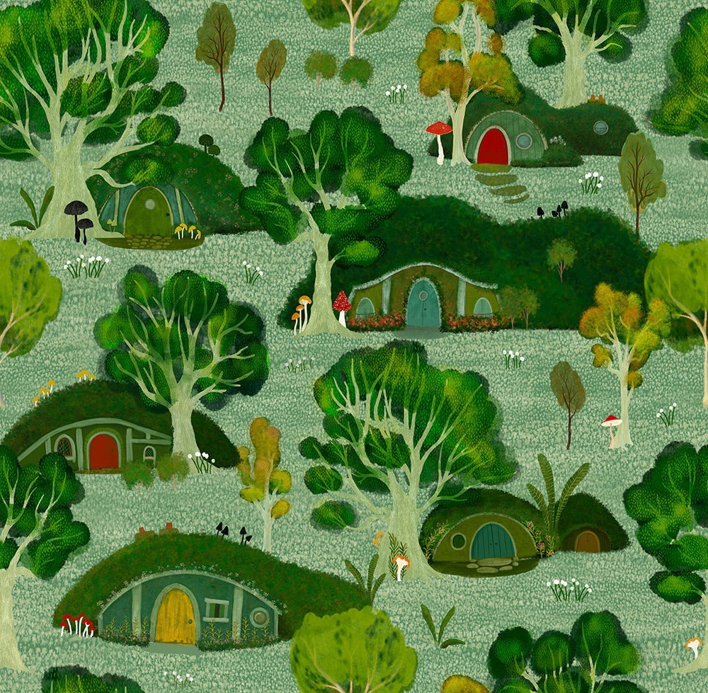 Illustration of small hill houses surrounded by leafy green trees