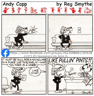 Black-and-white four-panel Andy Capp comic strip with a man reading a newspaper indoors