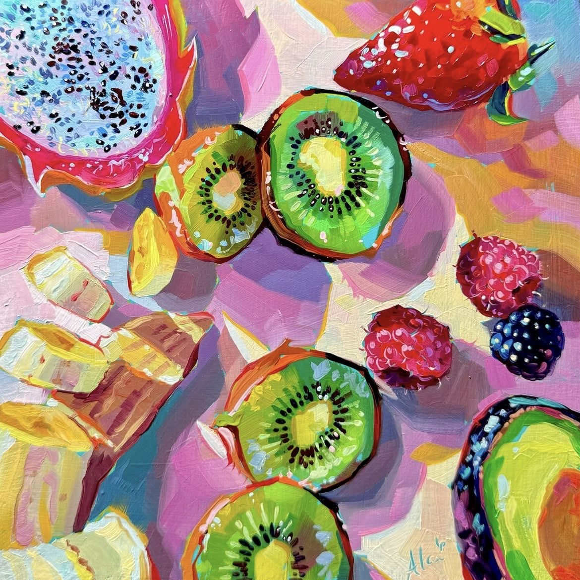 Colorful painting of assorted sliced fruits including kiwis, strawberries, and dragon fruit on pink background