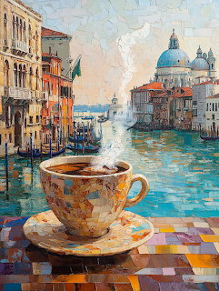 Decorative coffee cup on saucer with Venice canal and domed basilica behind