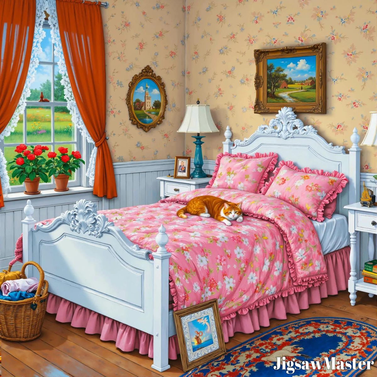 Vintage bedroom interior with a pink floral bed, white ornate furniture, and a ginger cat on the bed