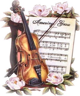Illustration of a violin and bow on Amazing Grace sheet music decorated with pink magnolia flowers