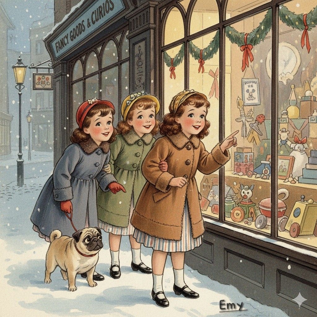 Illustration of three girls and a pug looking into a decorated shop window on a snowy street