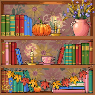 Illustrated bookshelf with books, pumpkin, candles, flowers, teacup, and autumn leaves
