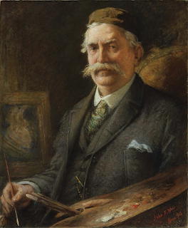 Oil painting portrait of an older man with white mustache in cap and suit holding paint palette