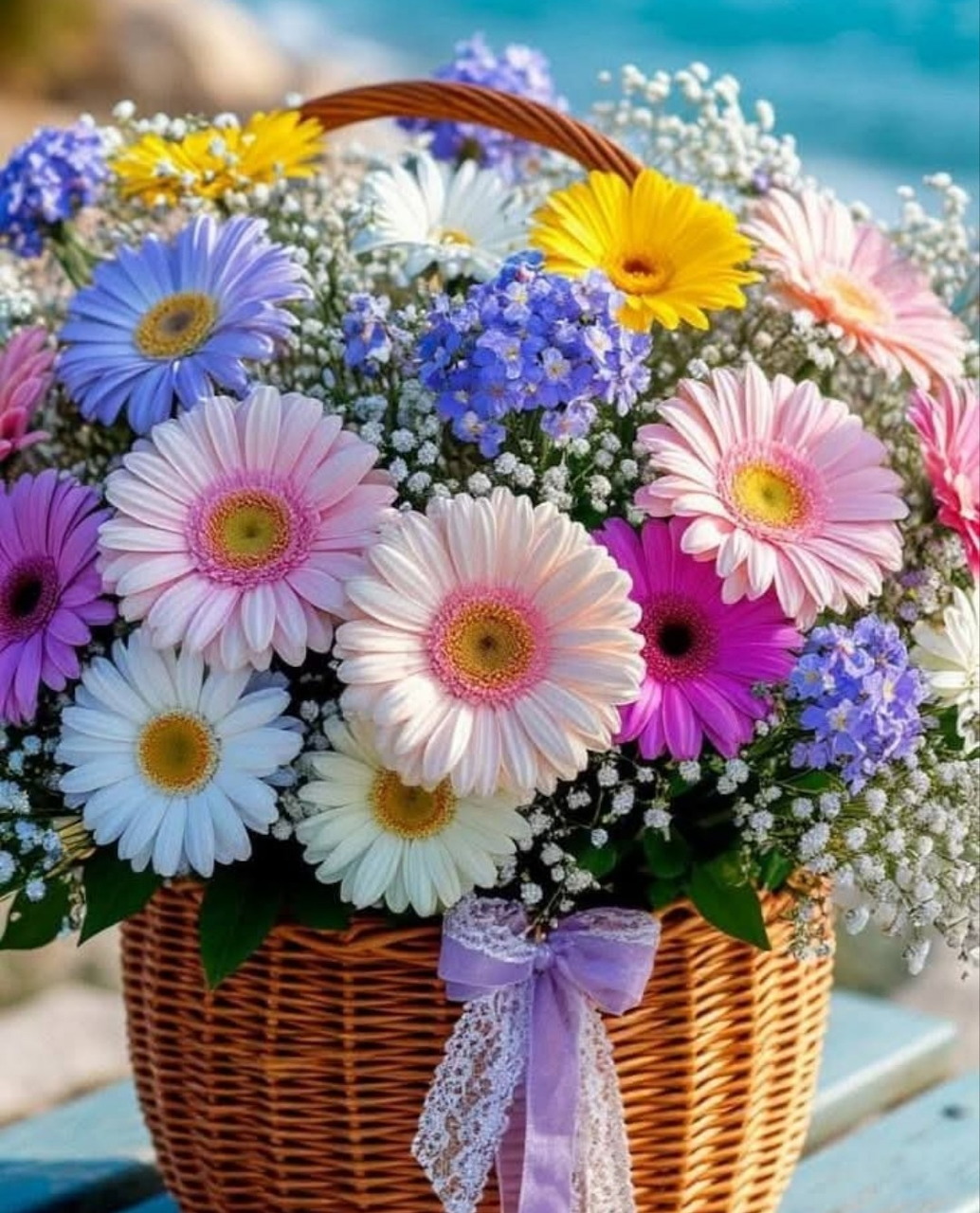 Wicker basket overflowing with pink, white, purple, yellow gerbera daisies and baby's breath by the sea