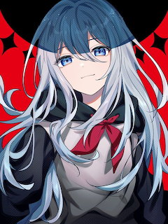 Anime girl with silver hair, blue eyes, glasses, and red bow tie on geometric background