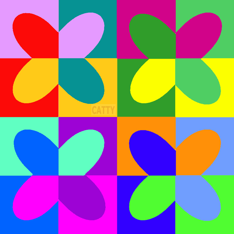 Grid of 16 abstract four-petal flowers in bright rainbow colors on multicolored square backgrounds