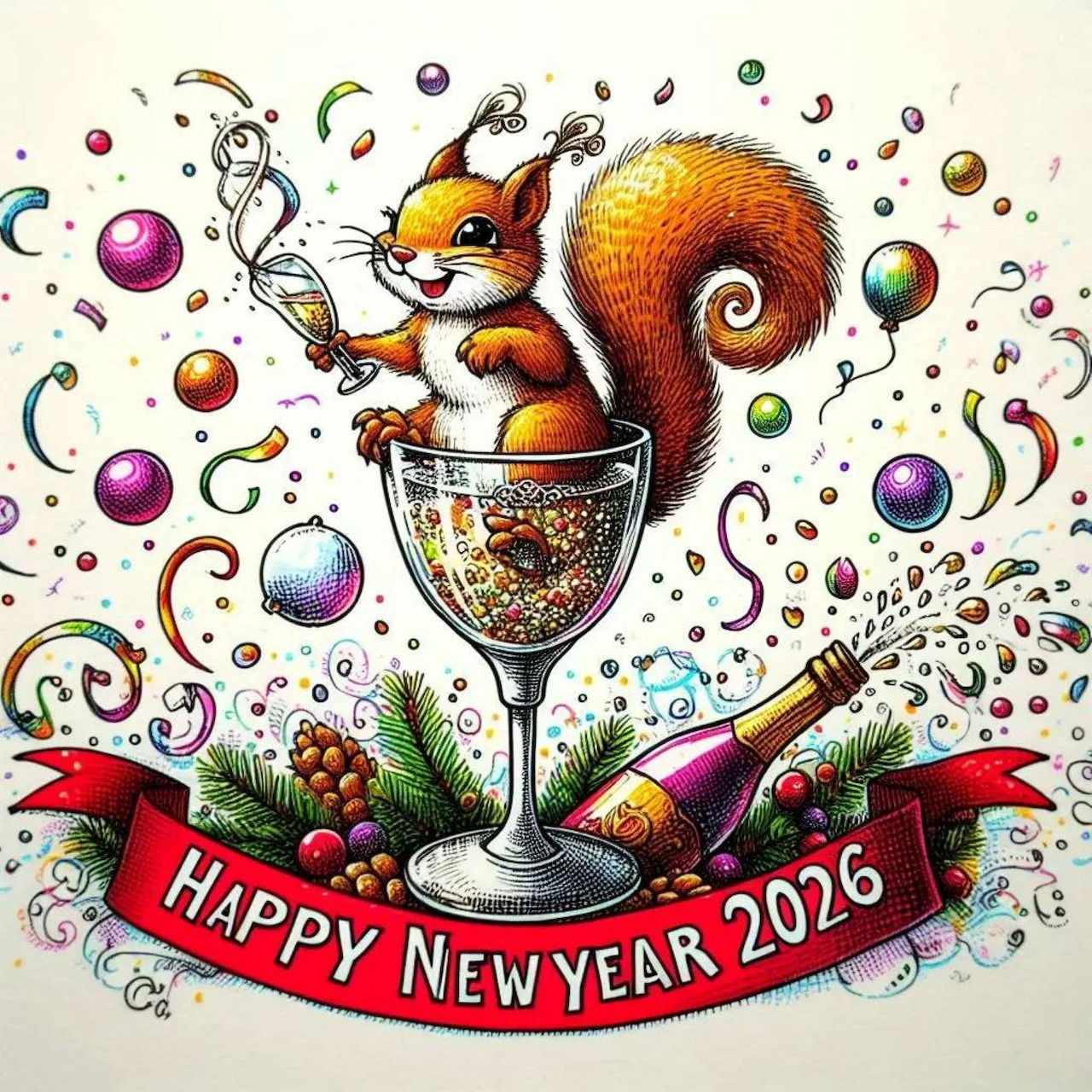 Whimsical squirrel sitting in champagne glass with colorful baubles and Happy New Year 2026 banner