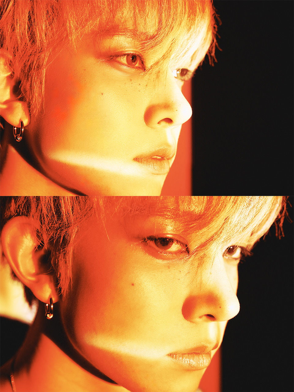 Close-up diptych of a young man with blonde hair and gold earring in warm orange lighting