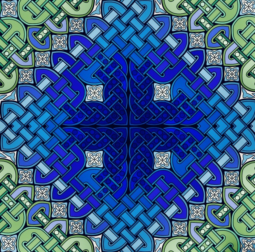 Abstract blue and green symmetrical knot pattern with interwoven geometric shapes