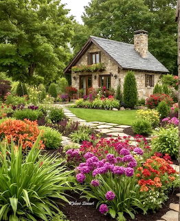 Stone cottage with chimney surrounded by colorful flower gardens and a stone pathway