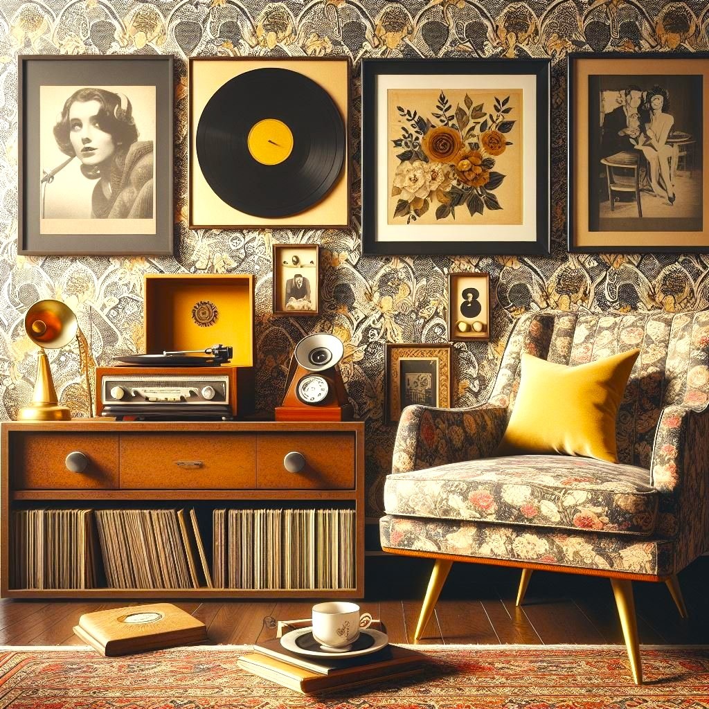 Vintage mid-century room with floral armchair, wooden console, vinyl records, and framed wall art