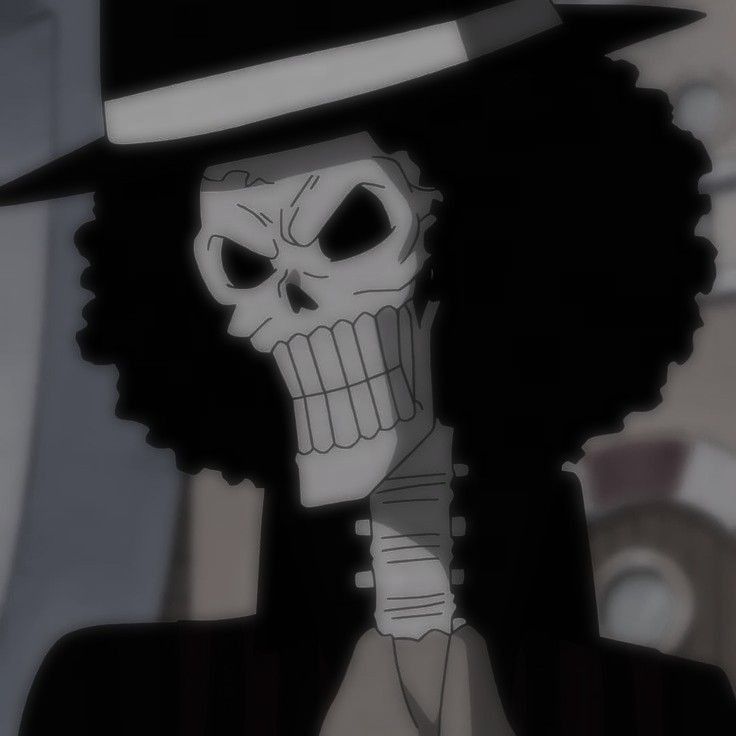 Anime skeleton character with large afro hair and top hat in black and white