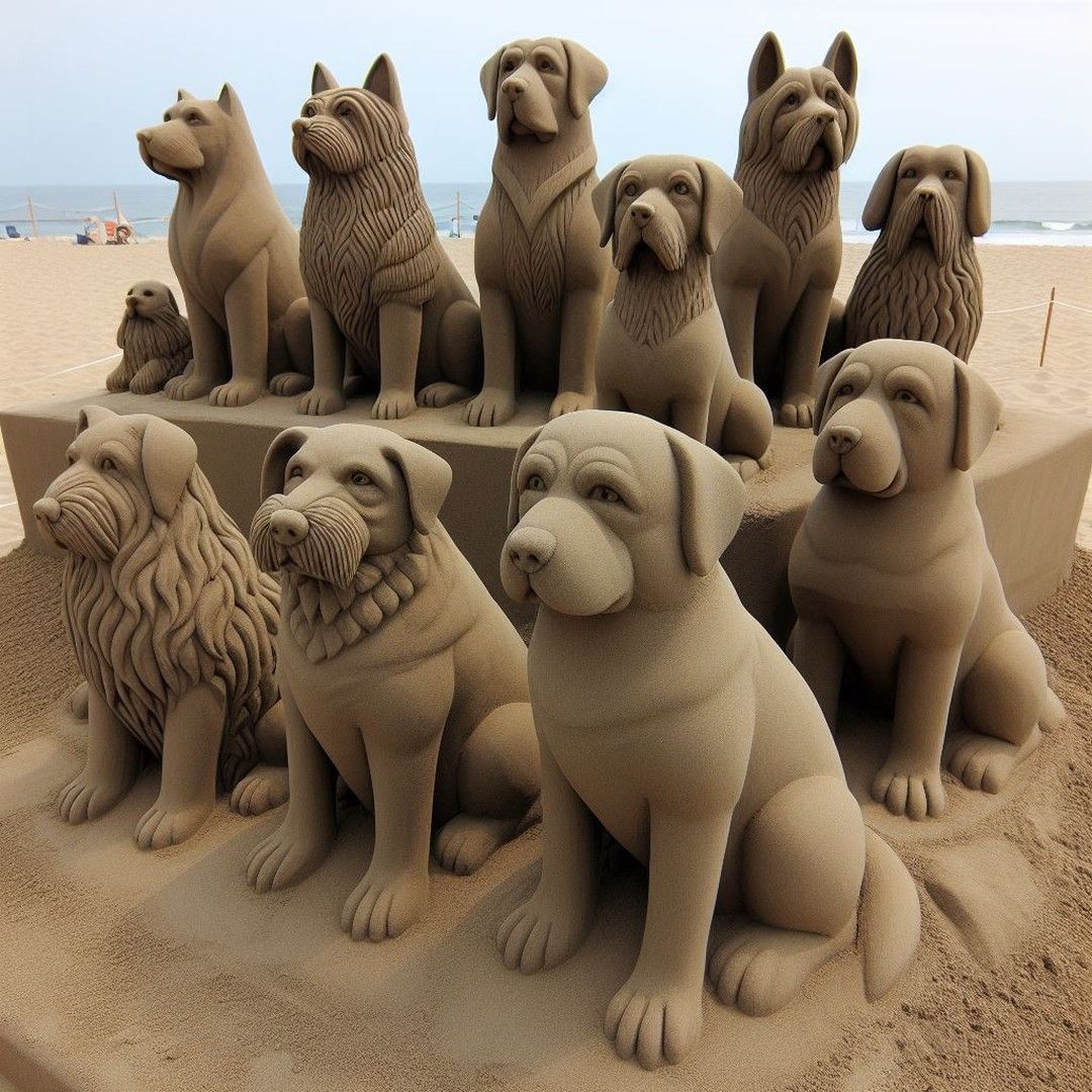 Several dog sculptures made of sand arranged on a beach