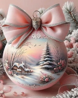 Pink Christmas ornament with winter landscape painting and ribbon bow