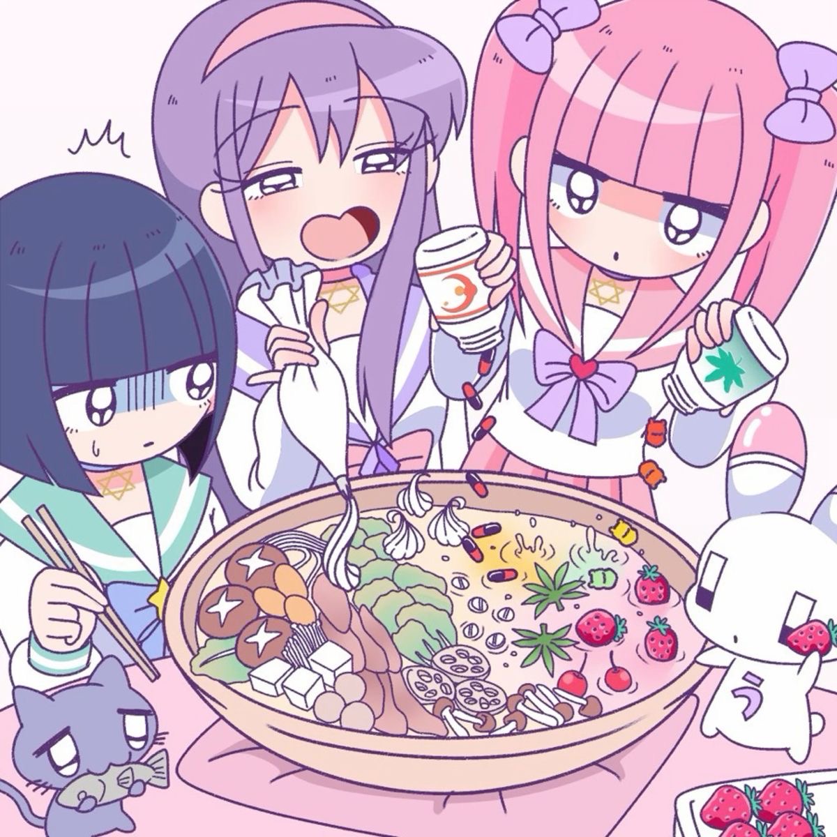 Three cute anime girls with pink, purple, and blue hair gathered around a plate of colorful sweets and desserts