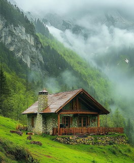 Rustic stone cabin with wooden balcony on foggy green mountain slope