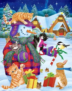 Kittens Playing With Snowman