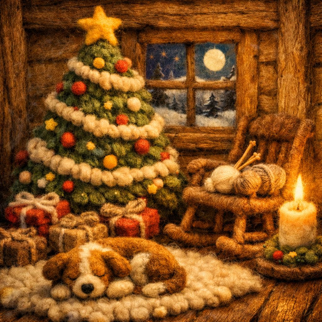 Rustic cabin with Christmas tree, sleeping puppy on chair, candles, presents, and snowy night window