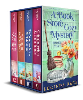 A Cozy Mystery box set books 9-12 by Lucinda Race featuring illustrated covers with a broom, cat, and floral elements.