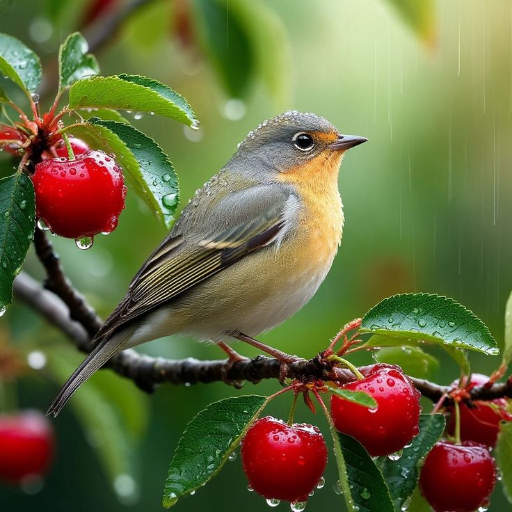 Small bird perched on a branch with red berries and raindrops