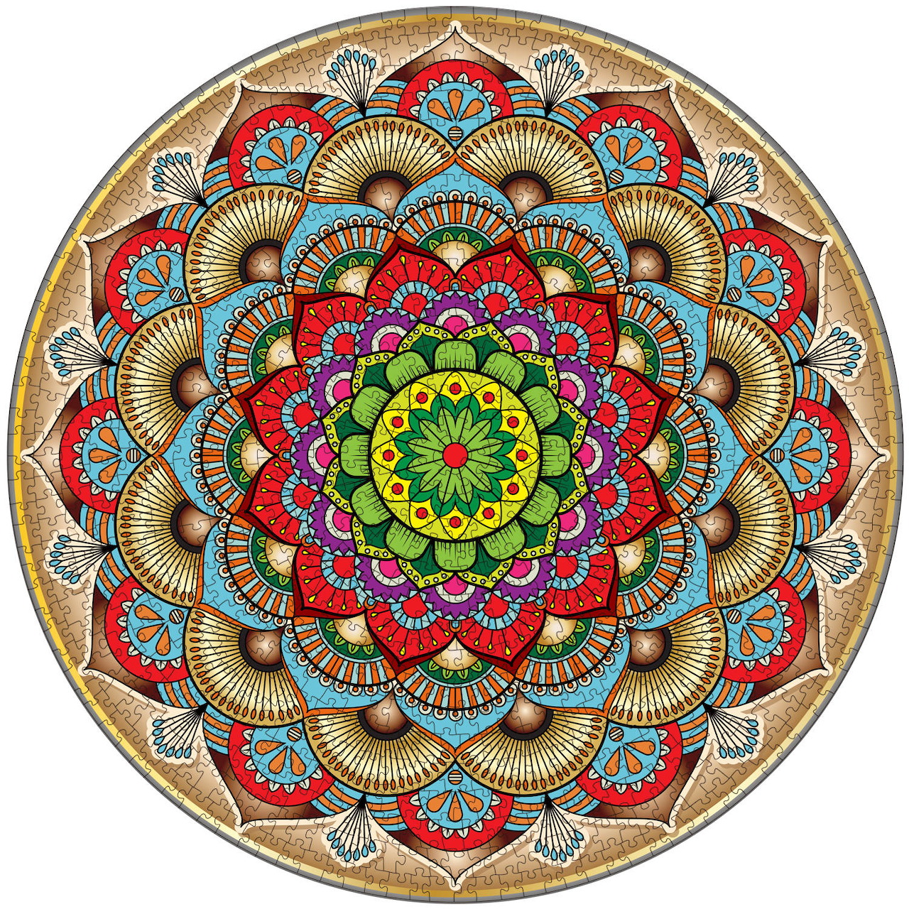 Colorful symmetrical mandala with concentric floral patterns in red, yellow, green, and turquoise on beige background