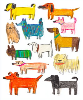 Colorful childlike illustration of many different dog breeds drawn in crayon and marker style