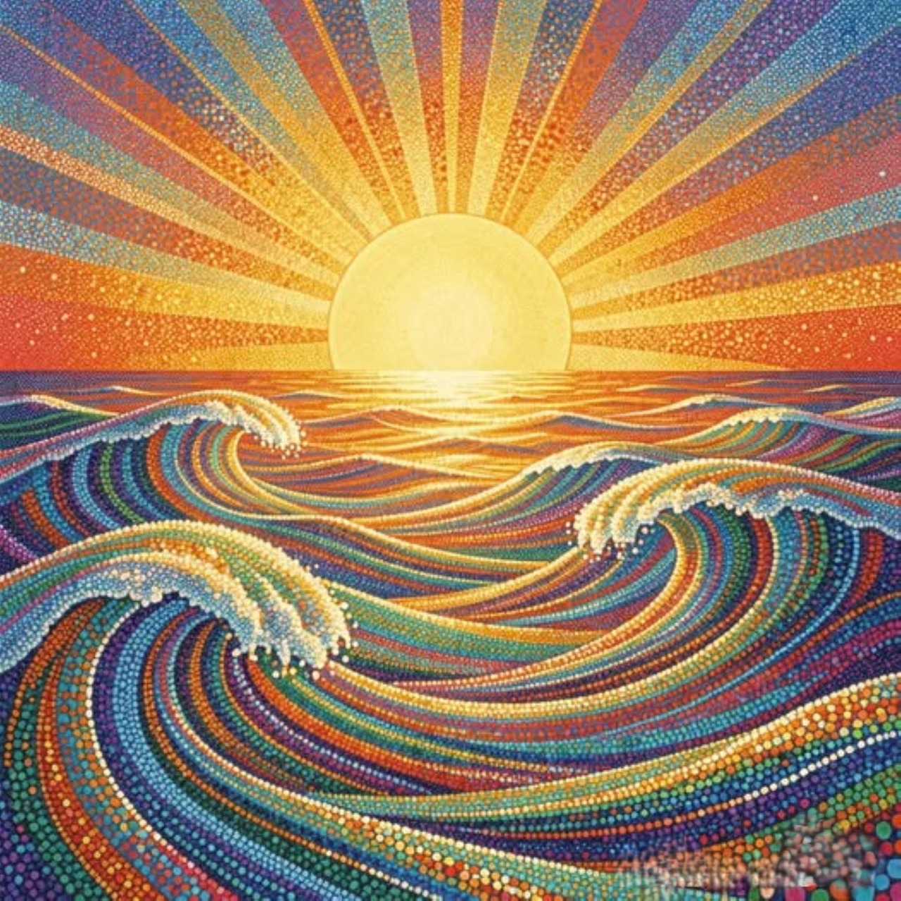 Colorful pointillist artwork of sunrise over stylized ocean with radiating sunbeams and swirling rainbow waves