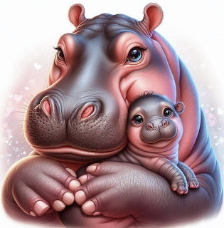Illustrated mother hippo lovingly hugging her small baby hippo in soft pastel colors