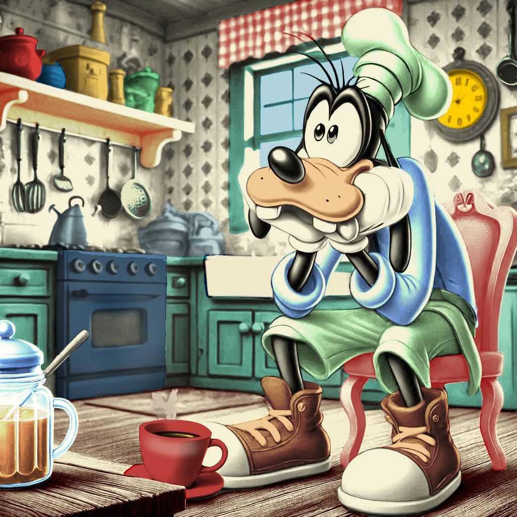 Goofy cartoon character in green sweater standing in cozy kitchen with checkered backsplash and vintage decor
