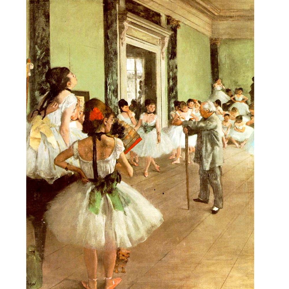 Impressionist painting of ballerinas practicing in a dance studio with their instructor