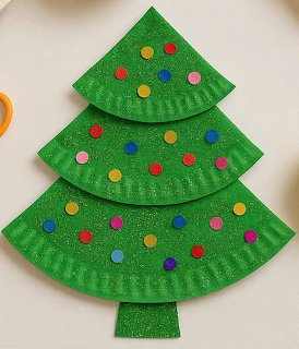 Handmade Christmas tree craft using green paper plates with colorful circle decorations